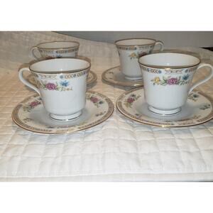 Liling Fine China Yung Shen Set of 4 Ling Rose Cups & Saucers New